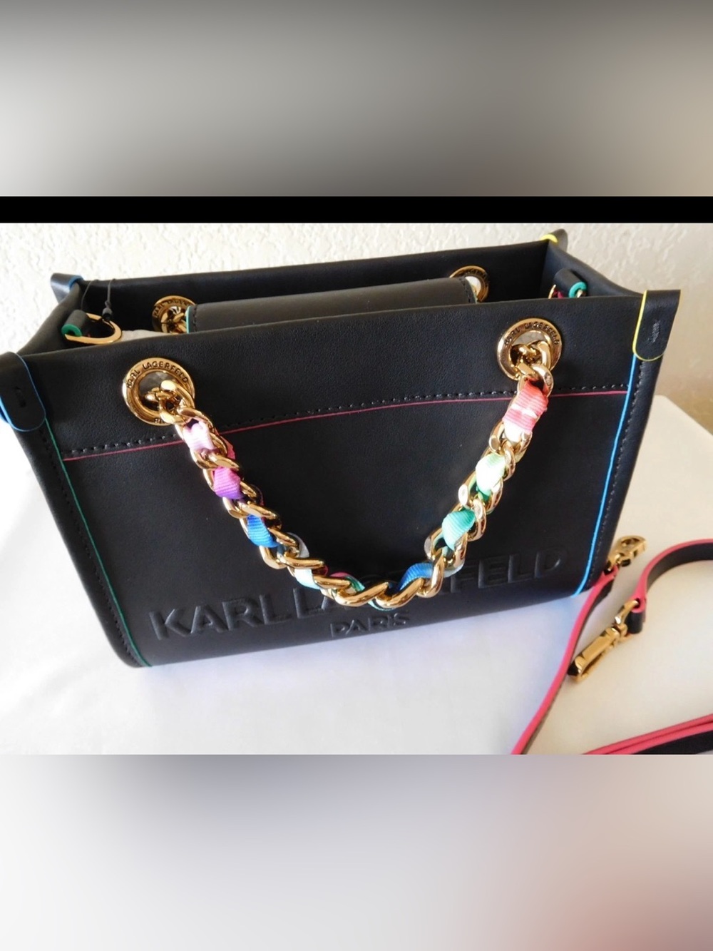 Karl Lagerfeld Black Leather Rainbow-Trim Tote